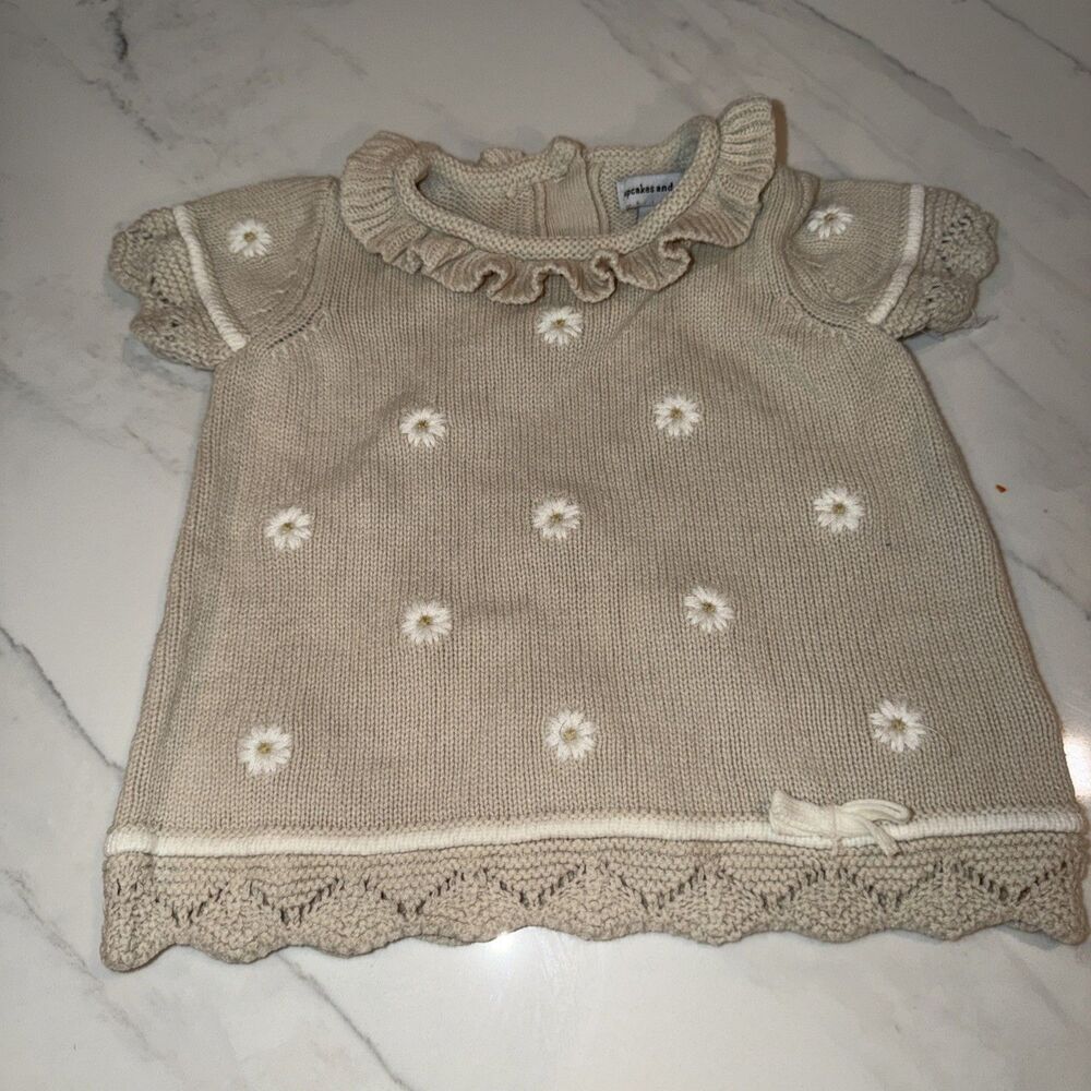 Cupcakes & Cashmere Short Sleeve Floral Embroidered Crochet Sweater Dress 3-6m